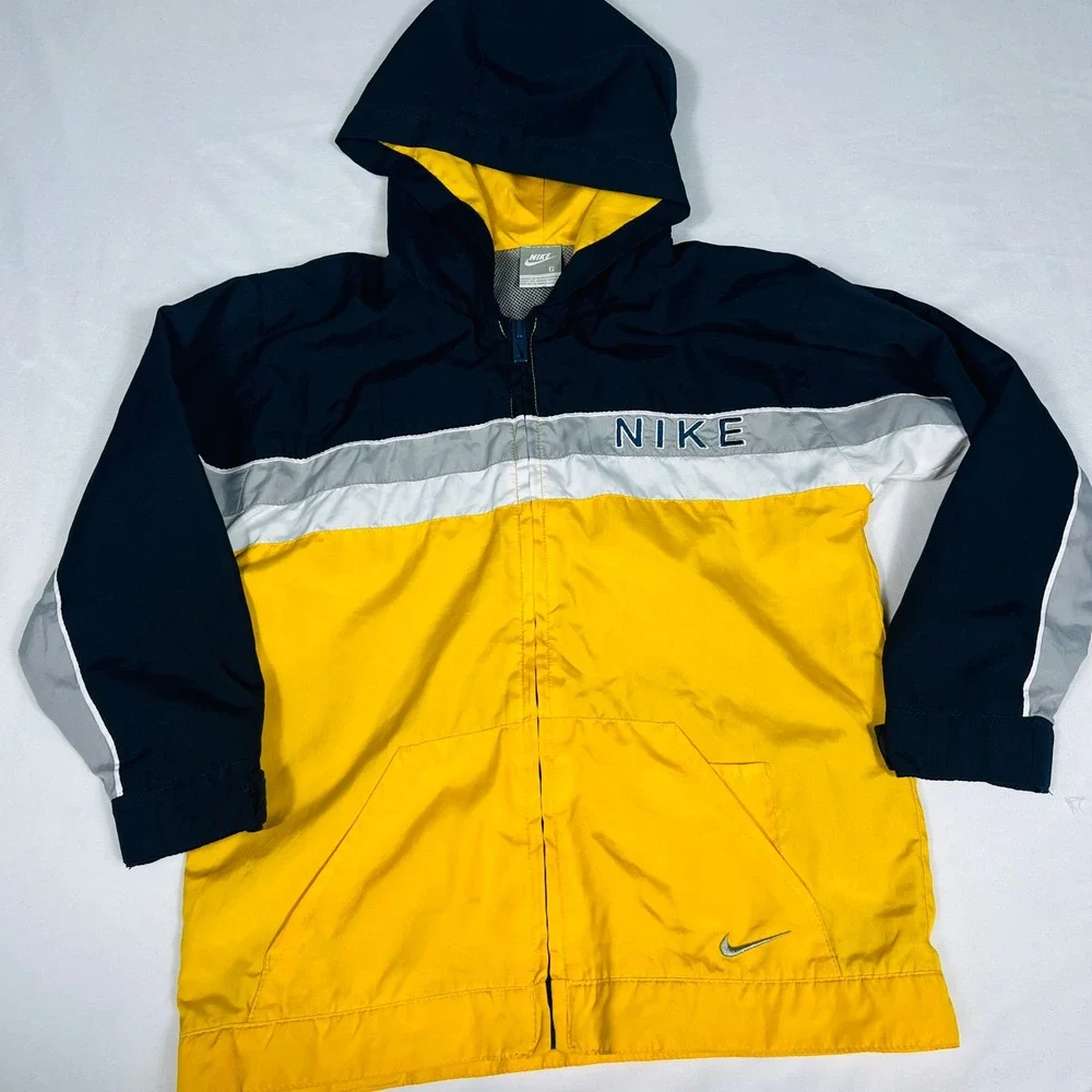 Vintage 2008 Nike Sz 6 Hooded Windbreaker Yellow Navy Spell Out‎ Logo Jacket Y2K